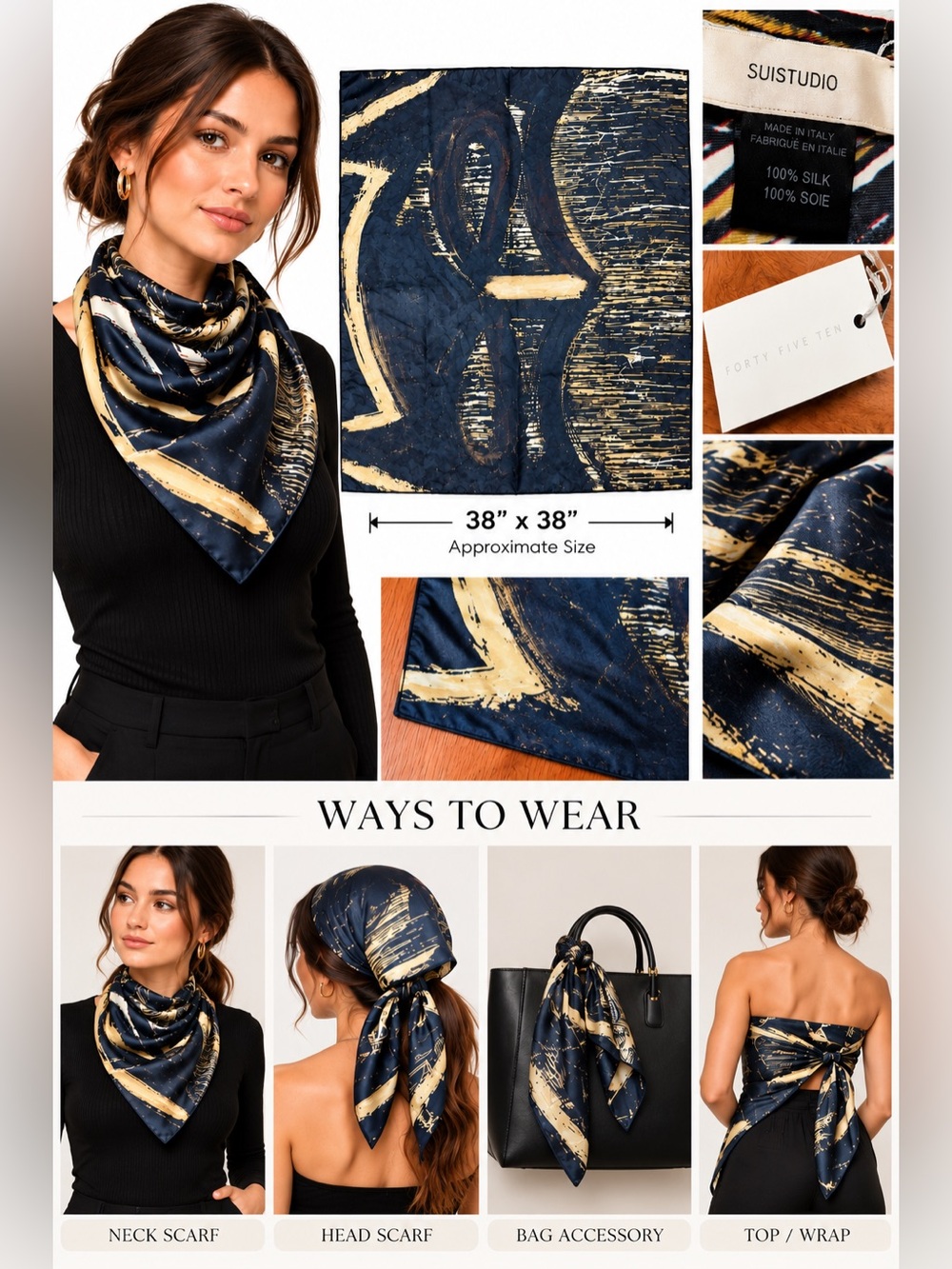SUISTUDIO 100% Silk Scarf 38x38 Abstract Print Made in Italy NWT